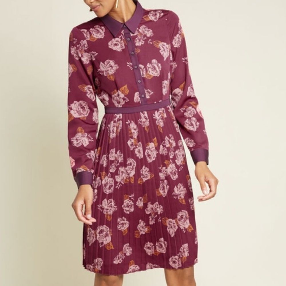 ModCloth Just My Typist Floral Pleated Long Sleeve Shirt Mini Dress Plus Size 18